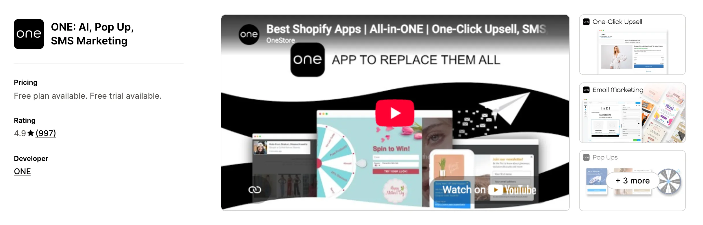 ONE: AI, Pop Up, SMS Marketing on the Shopify App Store