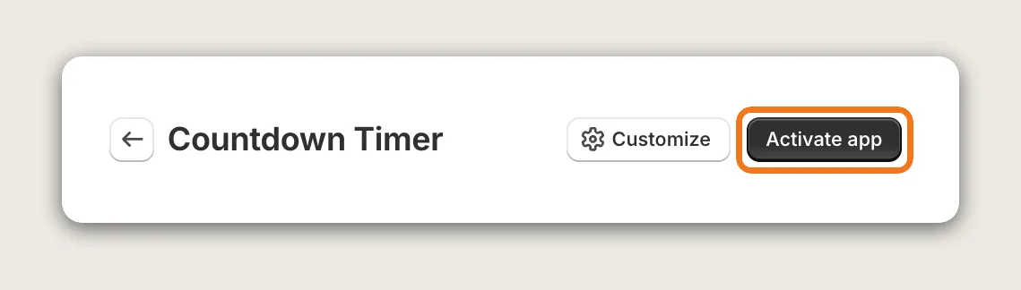 Vitals Countdown Timer app page header with the Activate app button highlighted next to Customize