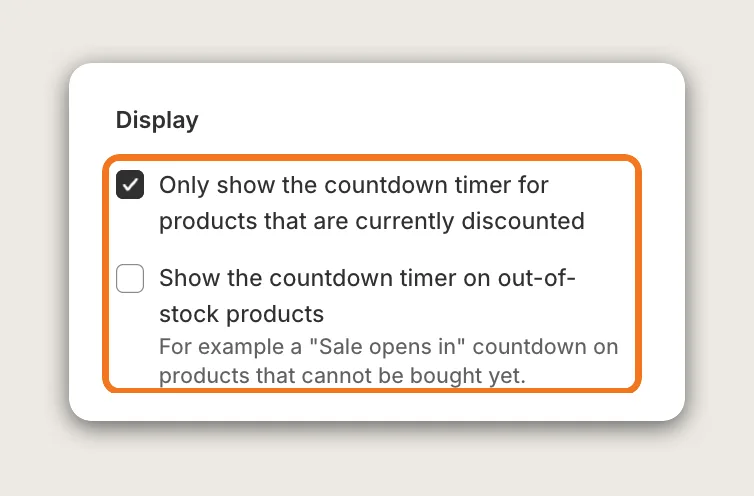 Vitals Countdown Timer Display card with the Only show the countdown timer for products that are currently discounted and Show the countdown timer on out-of-stock products checkboxes highlighted