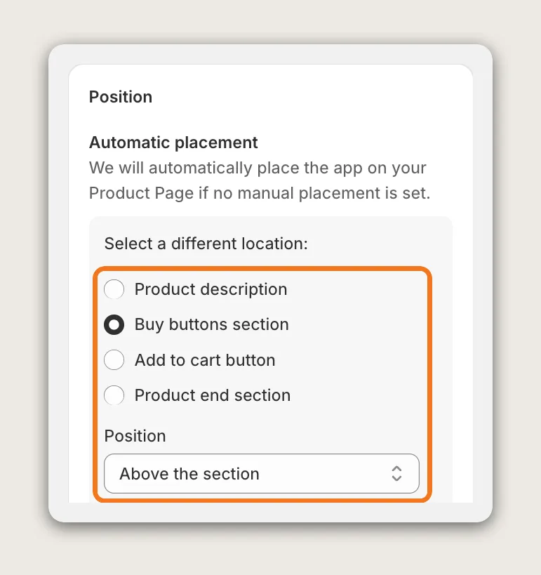 Vitals Countdown Timer Position card with Buy buttons section selected and Position set to Above the section highlighted