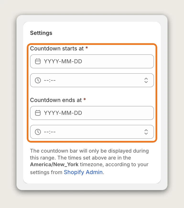 Vitals Countdown Timer Settings card with the Countdown starts at and Countdown ends at date and time fields highlighted