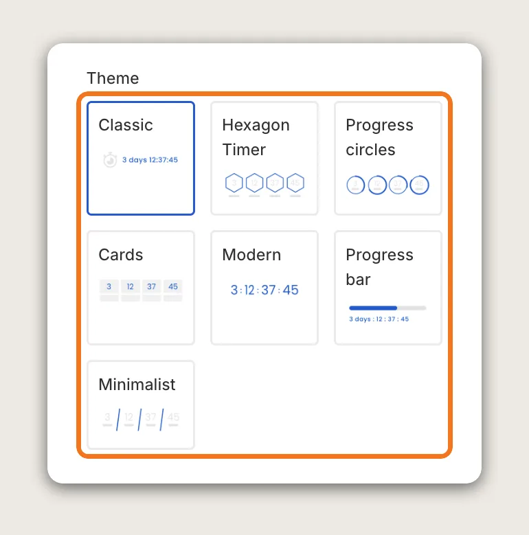 Vitals Countdown Timer Theme picker with Classic, Hexagon Timer, Progress circles, Cards, Modern, Progress bar and Minimalist highlighted
