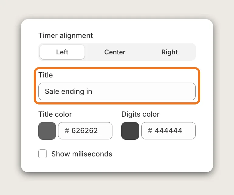 Vitals Countdown Timer Display card with the Title field set to Sale ending in highlighted between Timer alignment and the Title color and Digits color fields