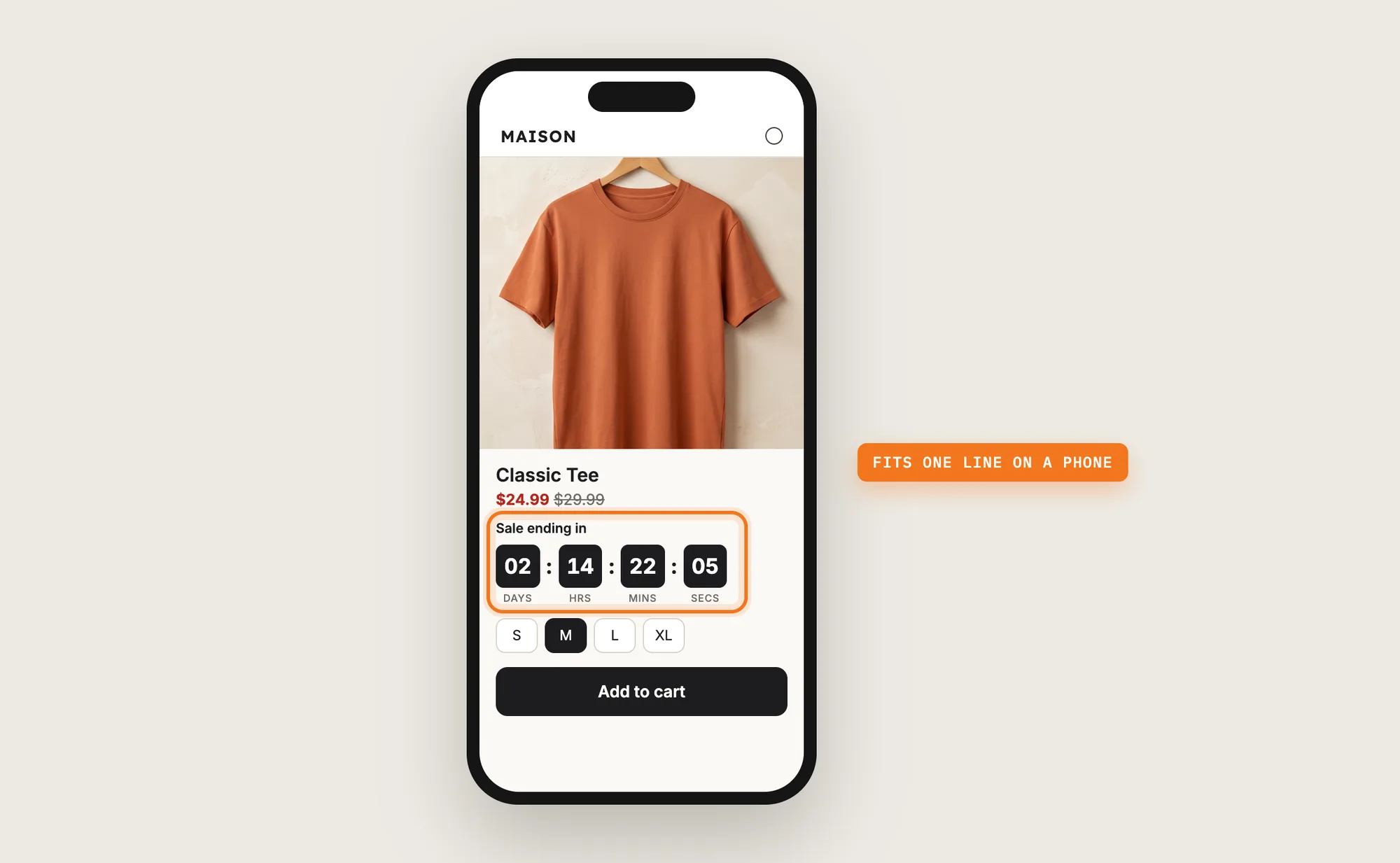 A phone showing a product page with a "Sale ending in" countdown timer under the sale price