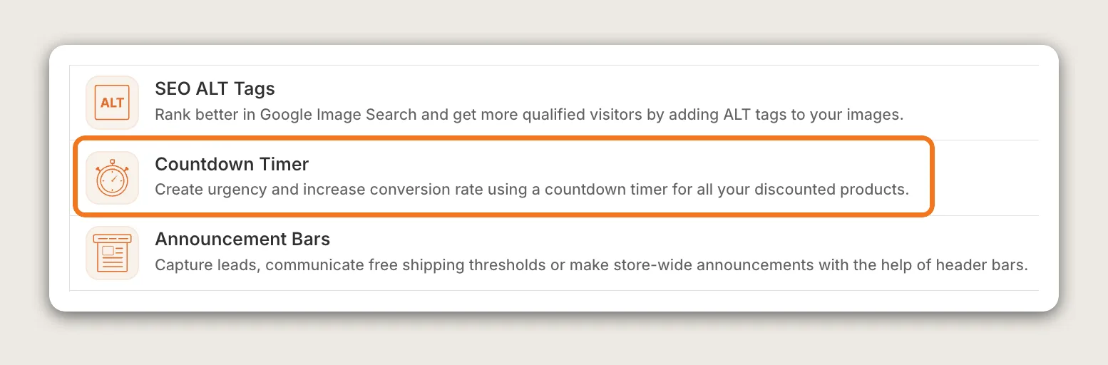Vitals apps list with the Countdown Timer row highlighted between SEO ALT Tags and Announcement Bars