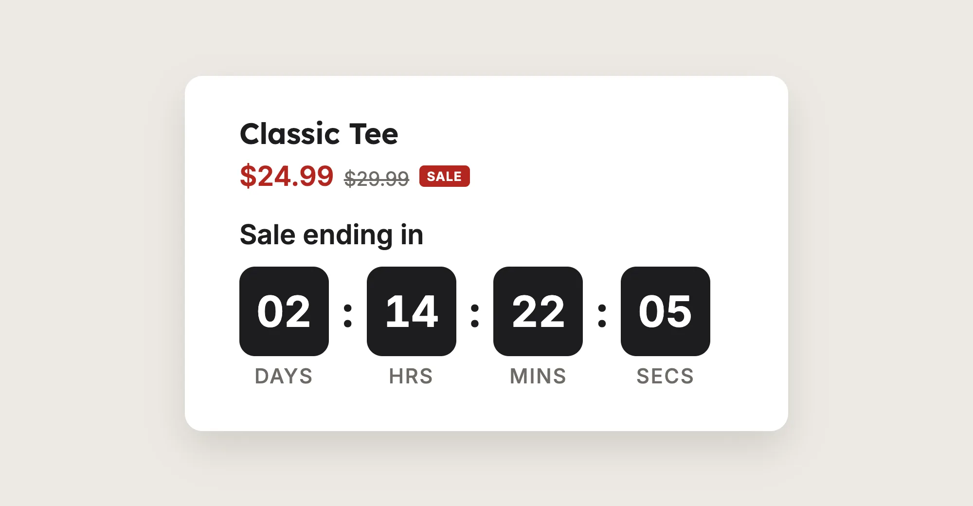 Close-up of a "Sale ending in" countdown timer showing 02 days, 14 hours, 22 minutes and 05 seconds under a sale price