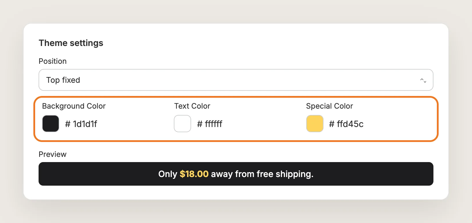 Theme settings card with Background Color, Text Color and Special Color highlighted, and a preview of the bar