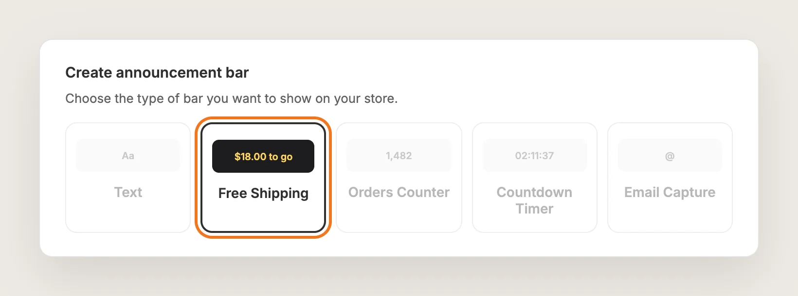Create announcement bar card with five bar types, Free Shipping highlighted