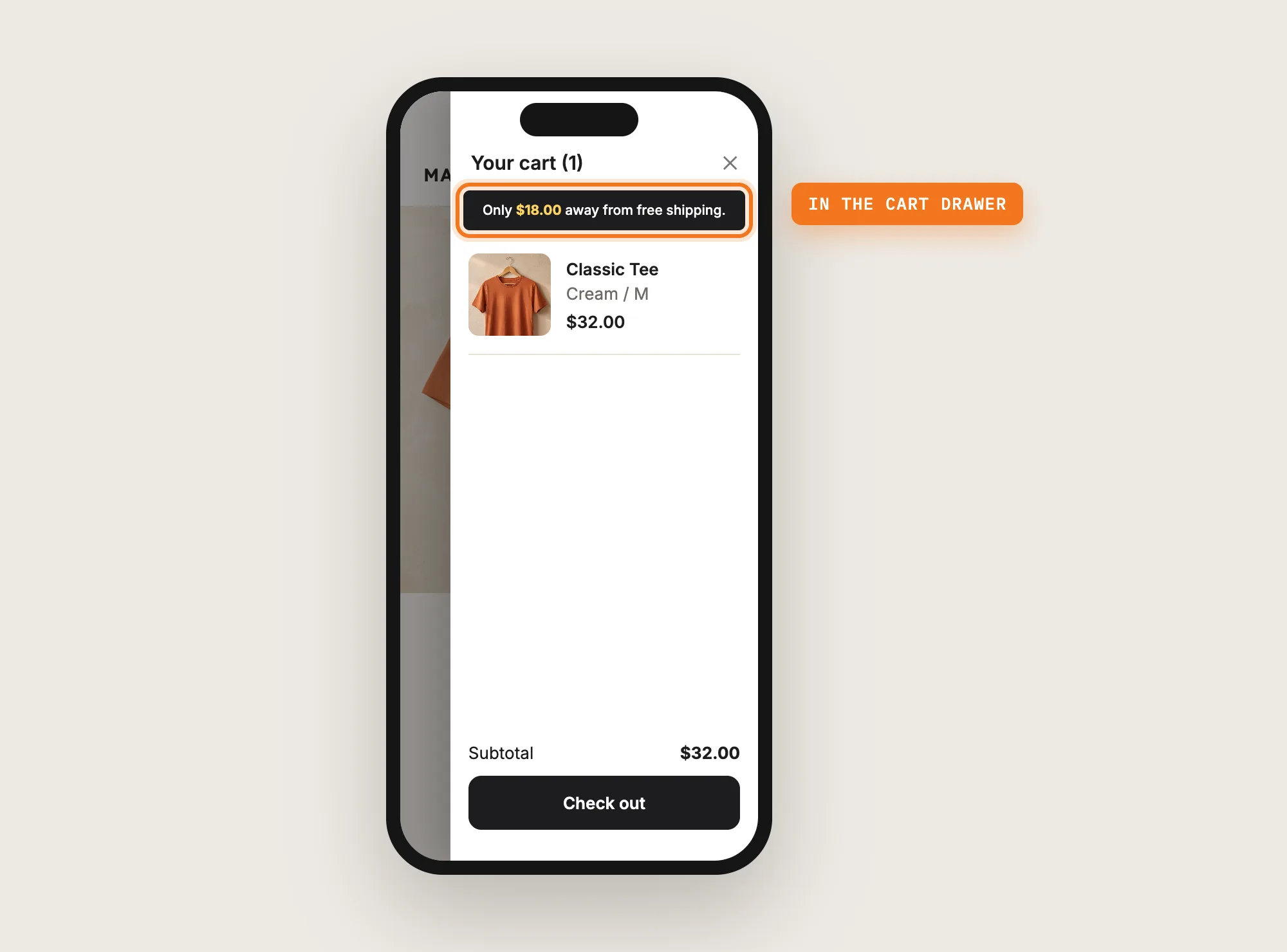 A phone with the Vitals cart drawer open and the free shipping bar above the cart items