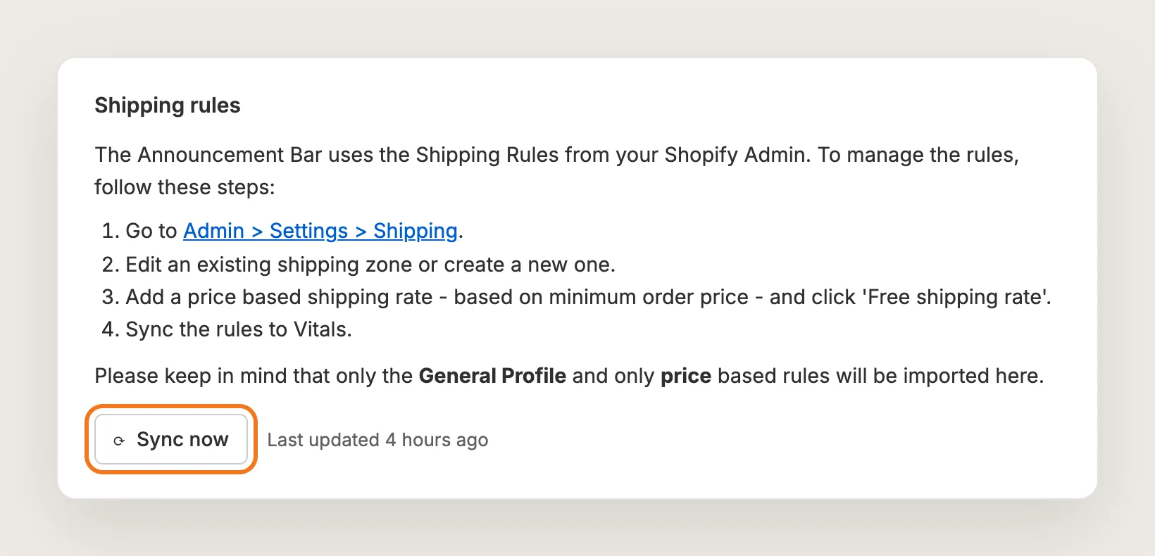Shipping rules card with the four setup steps and the Sync now button highlighted