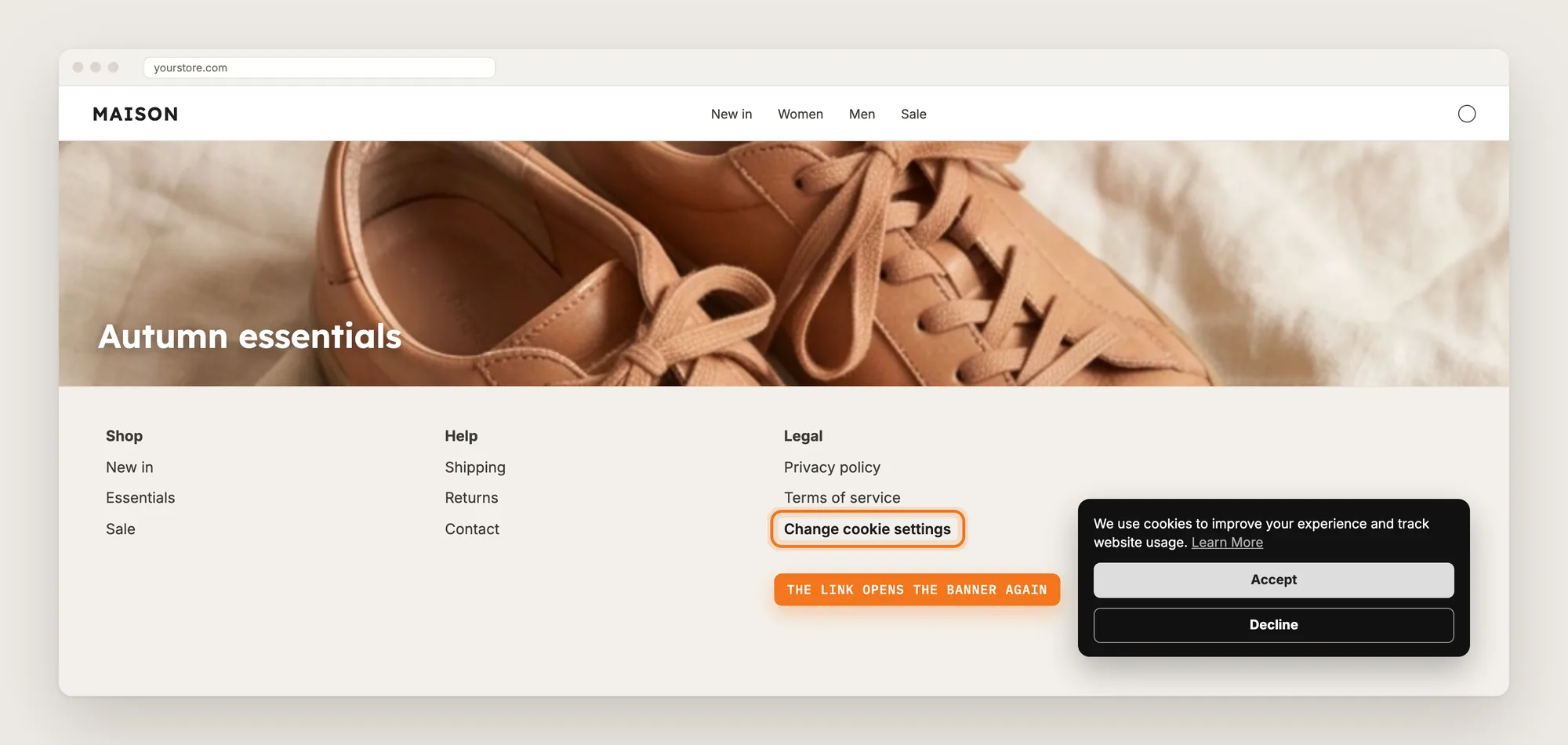 A store footer with a Change cookie settings link highlighted and the cookie consent banner open again