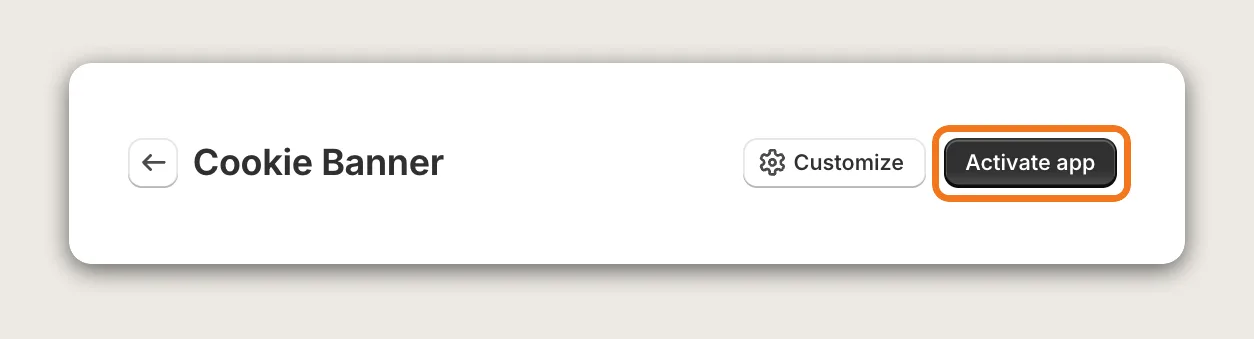 Vitals Cookie Banner app page header with the Activate app button highlighted next to Customize