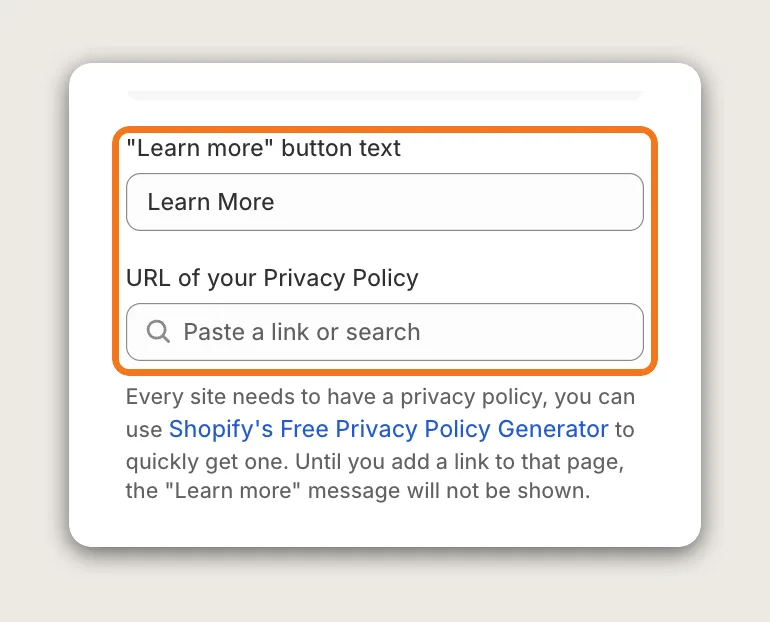 Vitals Cookie Banner settings with the Learn more button text and URL of your Privacy Policy fields highlighted