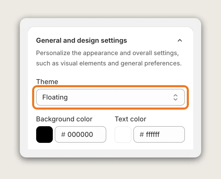 Vitals Cookie Banner General and design settings with the Theme dropdown set to Floating highlighted