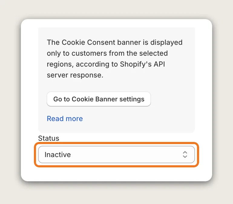 Vitals Cookie Consent Banner settings with the Status dropdown highlighted below the Go to Cookie Banner settings button