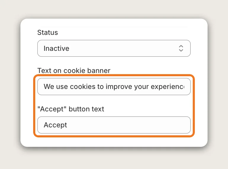 Vitals Cookie Consent Banner settings with the Text on cookie banner and Accept button text fields highlighted
