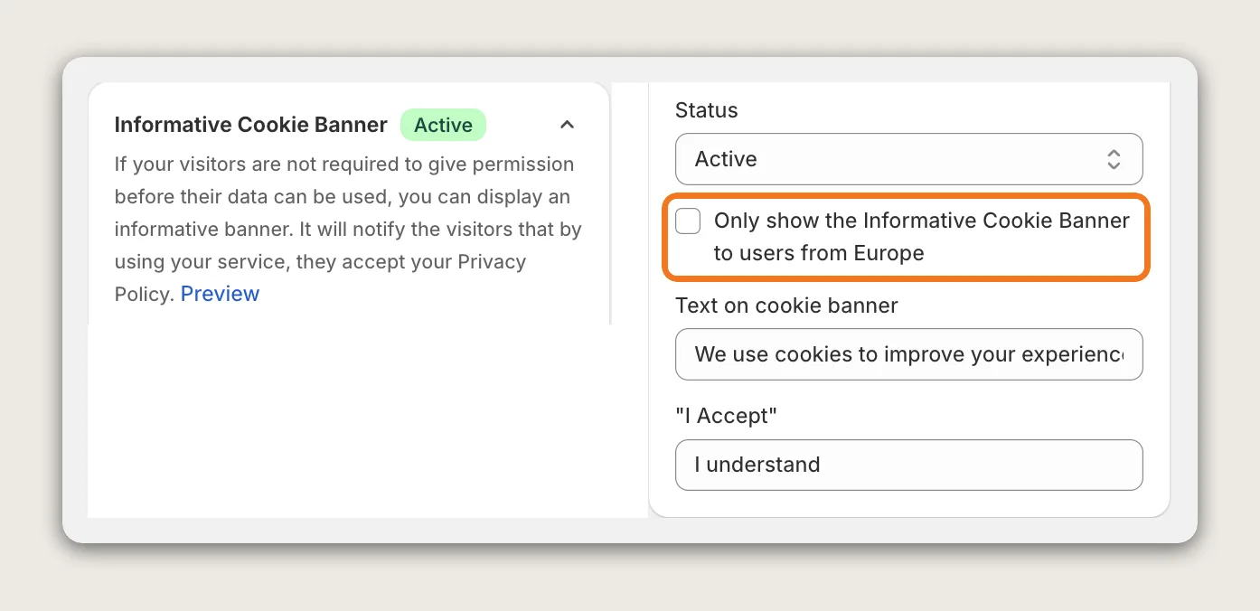 Vitals Informative Cookie Banner settings with the Only show the Informative Cookie Banner to users from Europe checkbox highlighted