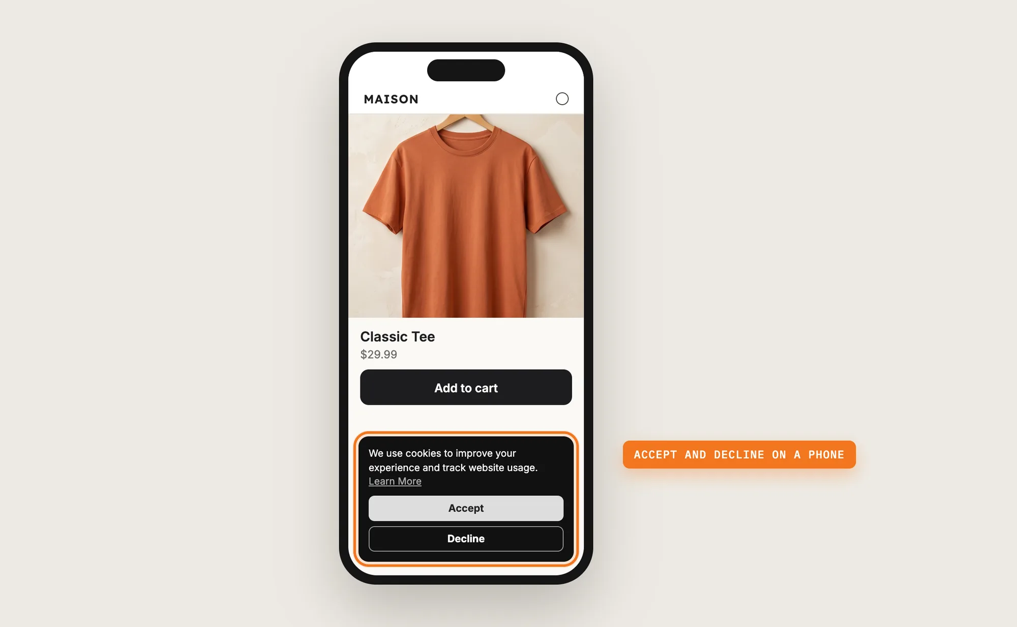 A phone showing a product page with the GDPR cookie consent banner and its Accept and Decline buttons