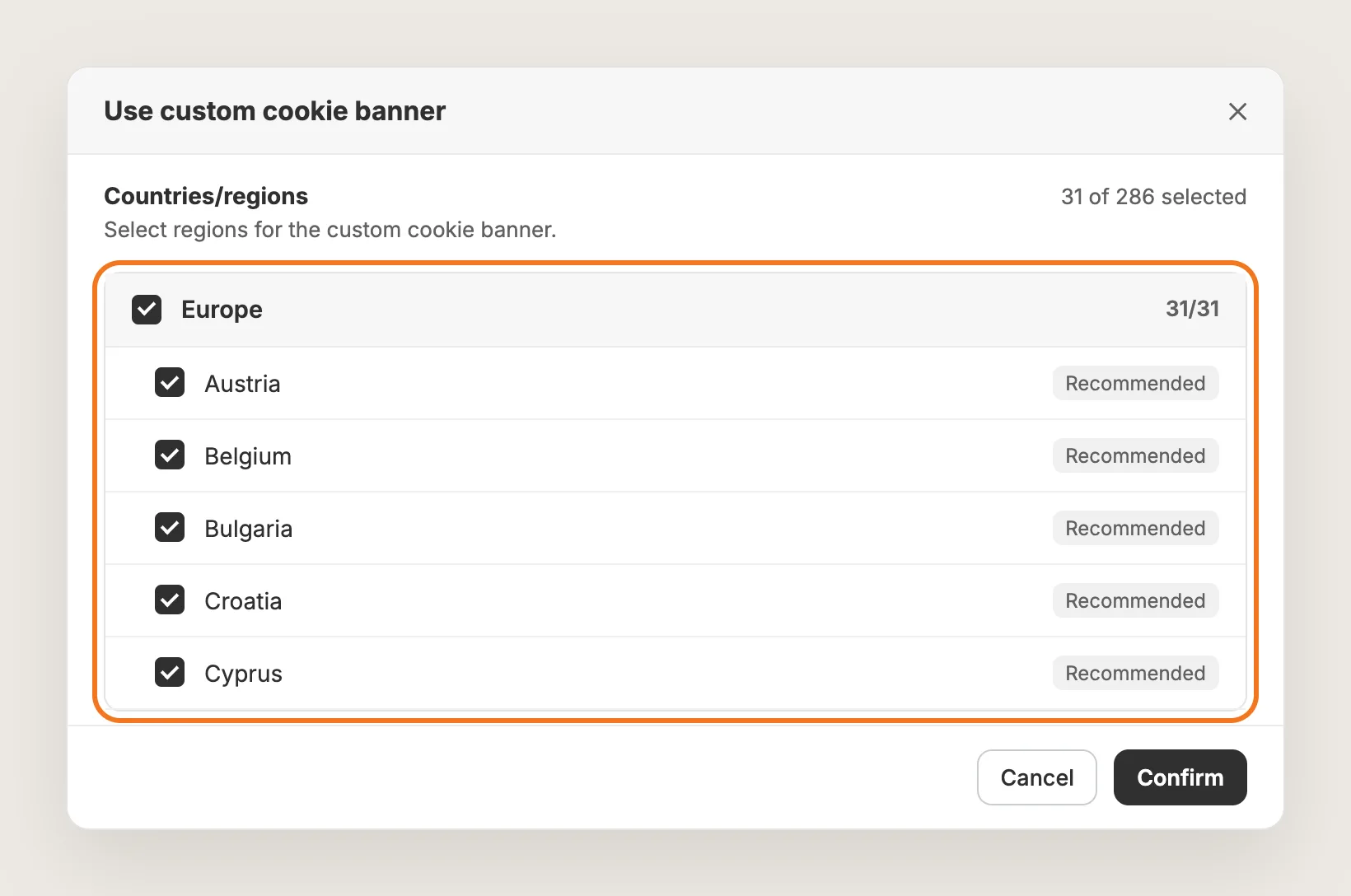 Use custom cookie banner window with the Europe region and its recommended countries ticked