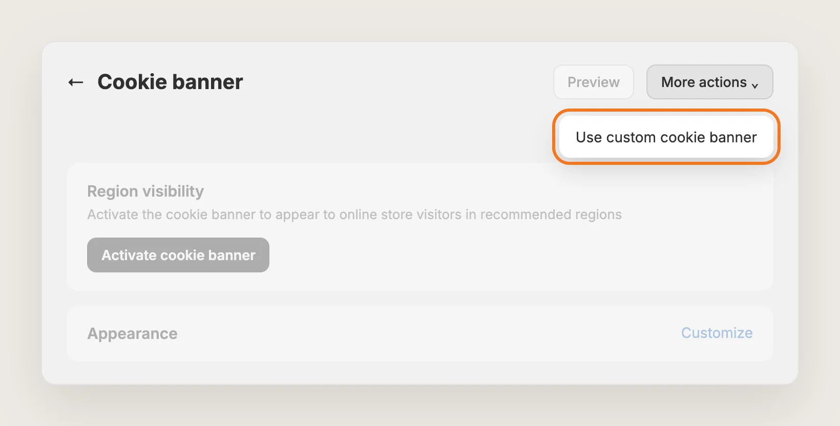 Shopify Cookie banner page with the More actions menu open and Use custom cookie banner highlighted