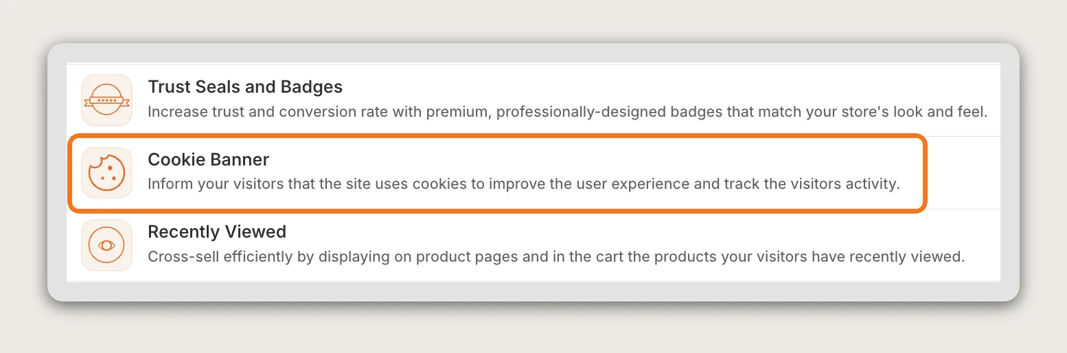 Vitals apps list with the Cookie Banner row highlighted between Trust Seals and Badges and Recently Viewed