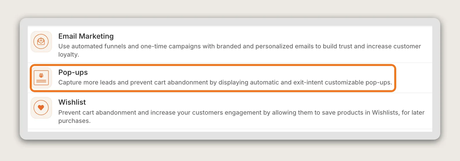 Vitals apps list with the Pop-ups row highlighted between Email Marketing and Wishlist