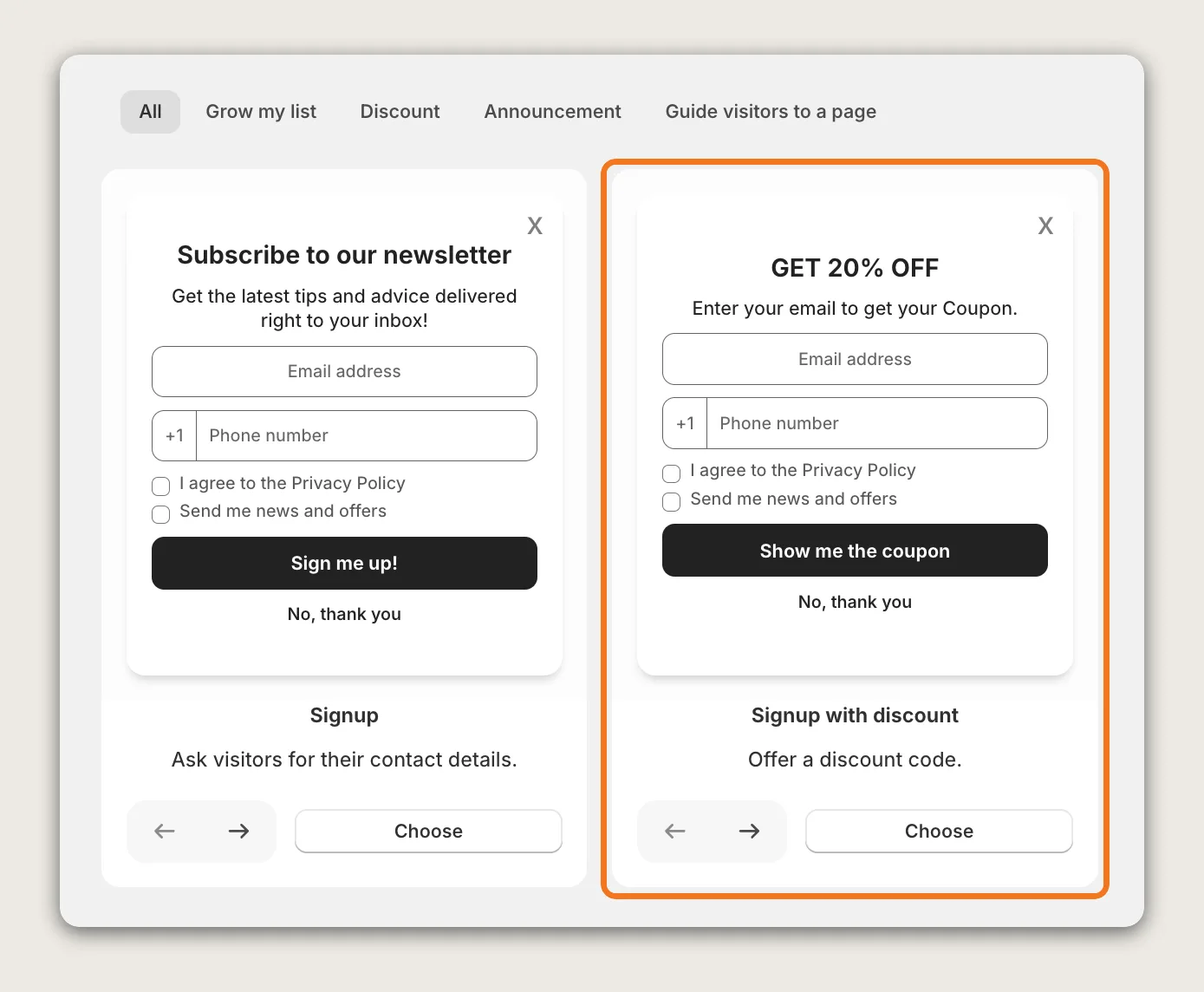 Vitals Choose pop-up type screen with the Signup card and the Signup with discount card highlighted