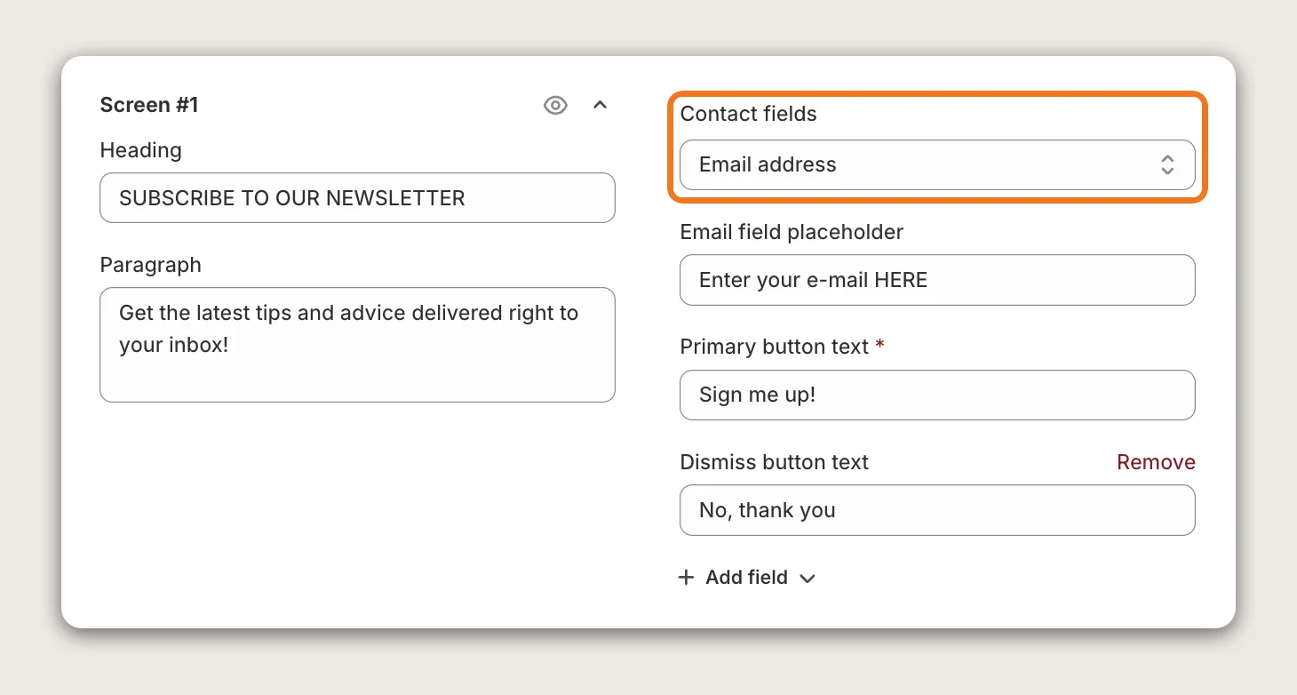 Vitals Pop-ups Content Screens card on Screen #1 with the Contact fields dropdown highlighted, plus Heading, Paragraph, Email field placeholder, Primary button text and Dismiss button text