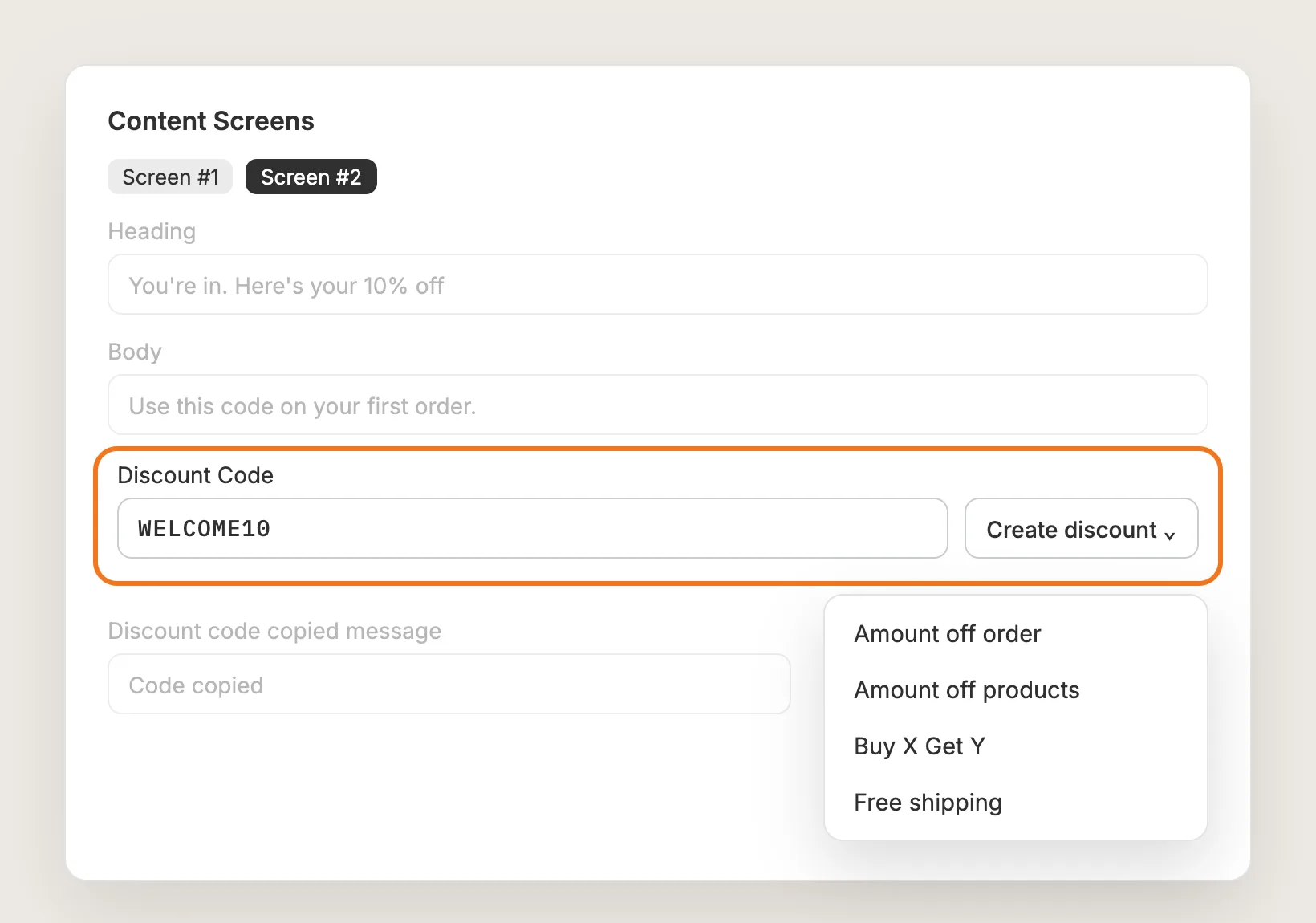 Content Screens card on Screen #2 with the Discount Code field highlighted and the Create discount menu open