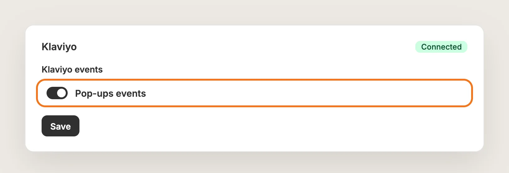 Klaviyo card on the Vitals integrations page with Pop-ups events switched on and highlighted