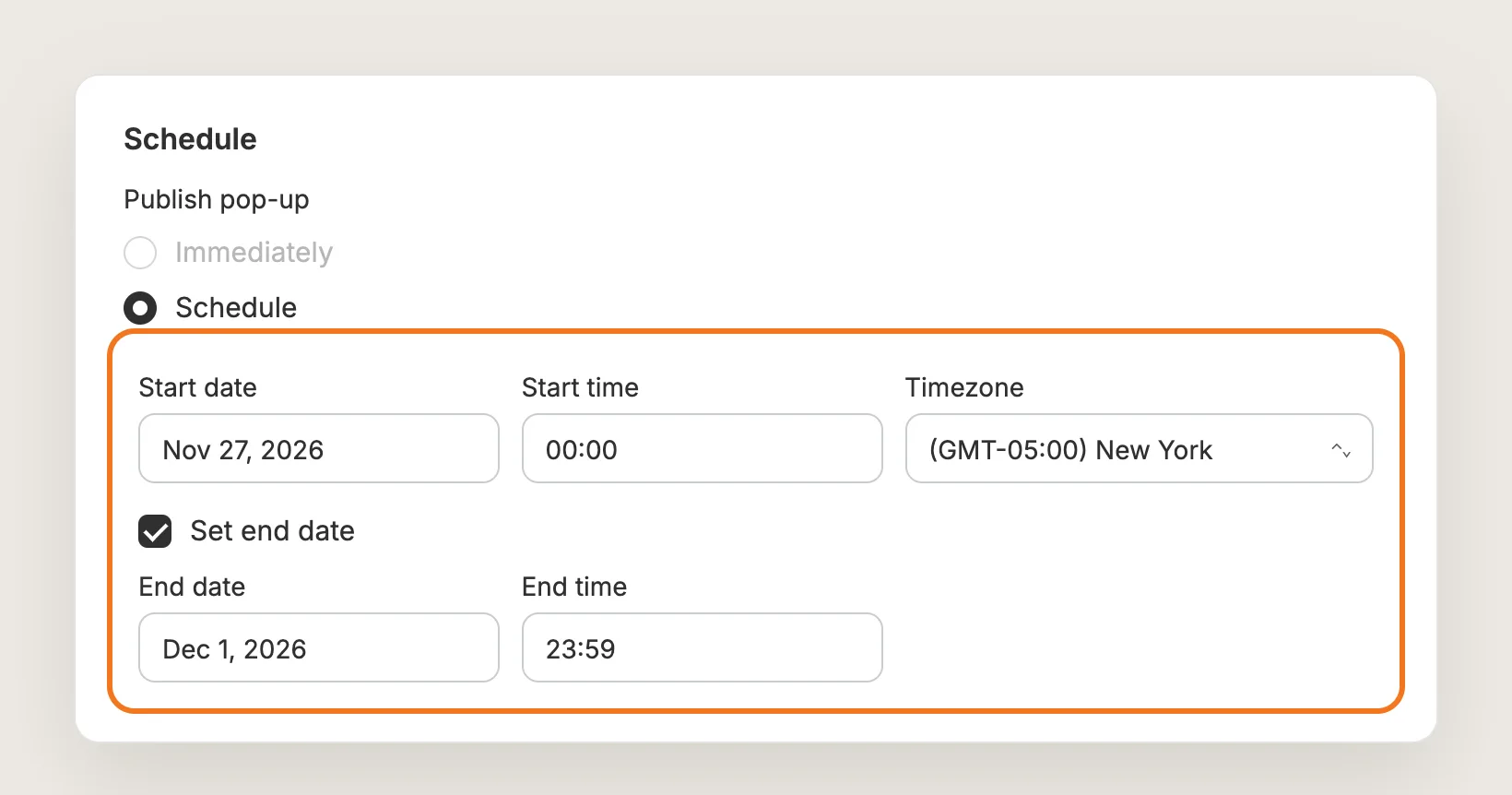 Schedule section with Publish pop-up set to Schedule, a start date, time and timezone, and Set end date ticked