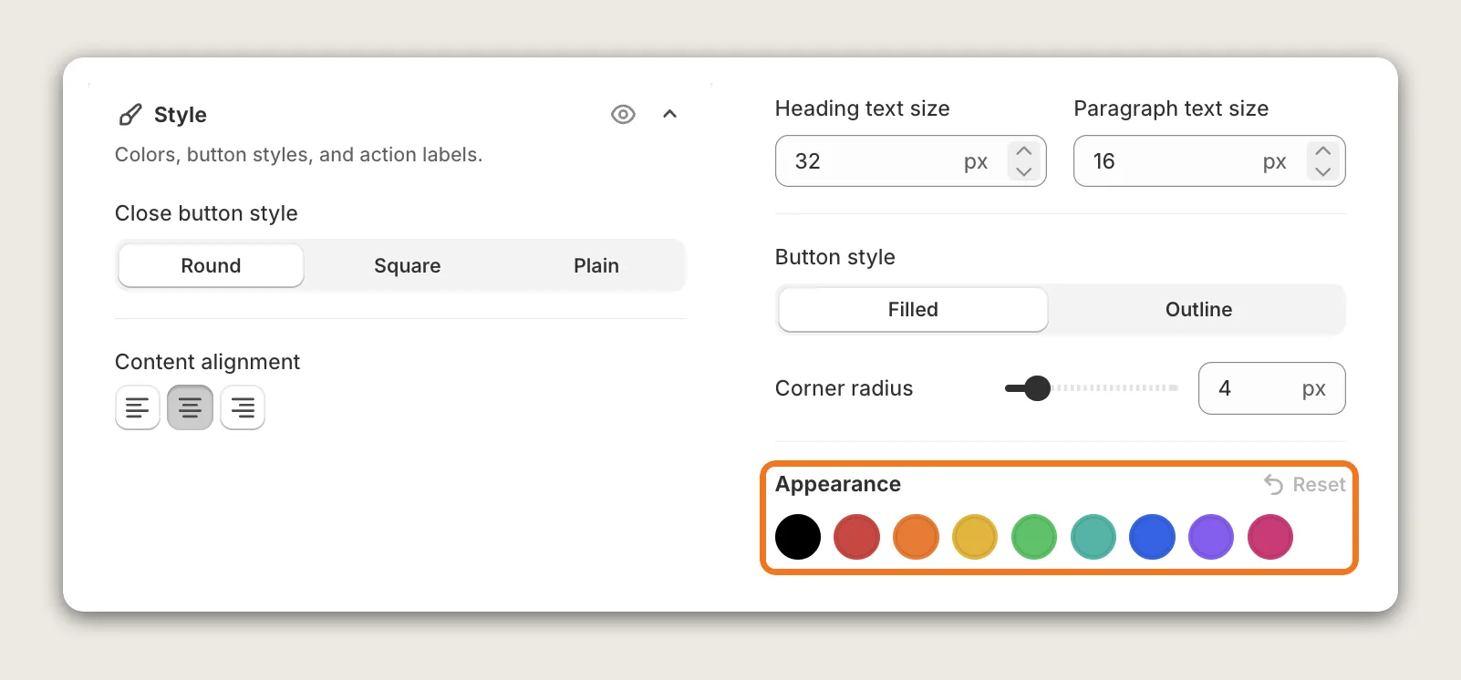 Vitals Pop-ups Style card with the Appearance color row highlighted, plus Close button style, Content alignment, text sizes, Button style and Corner radius