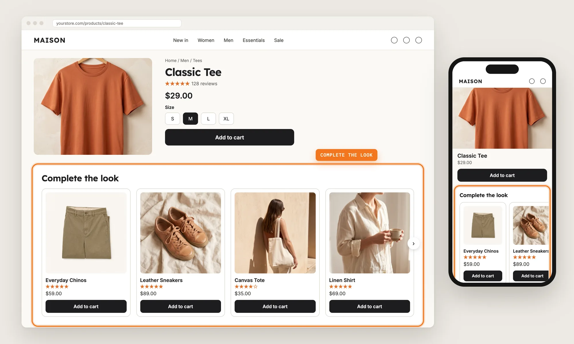 A Shopify product page on desktop and mobile with the Complete the look section highlighted below the product