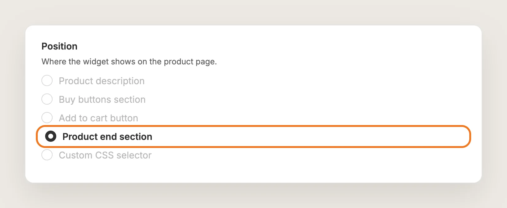 Position card with Product end section selected