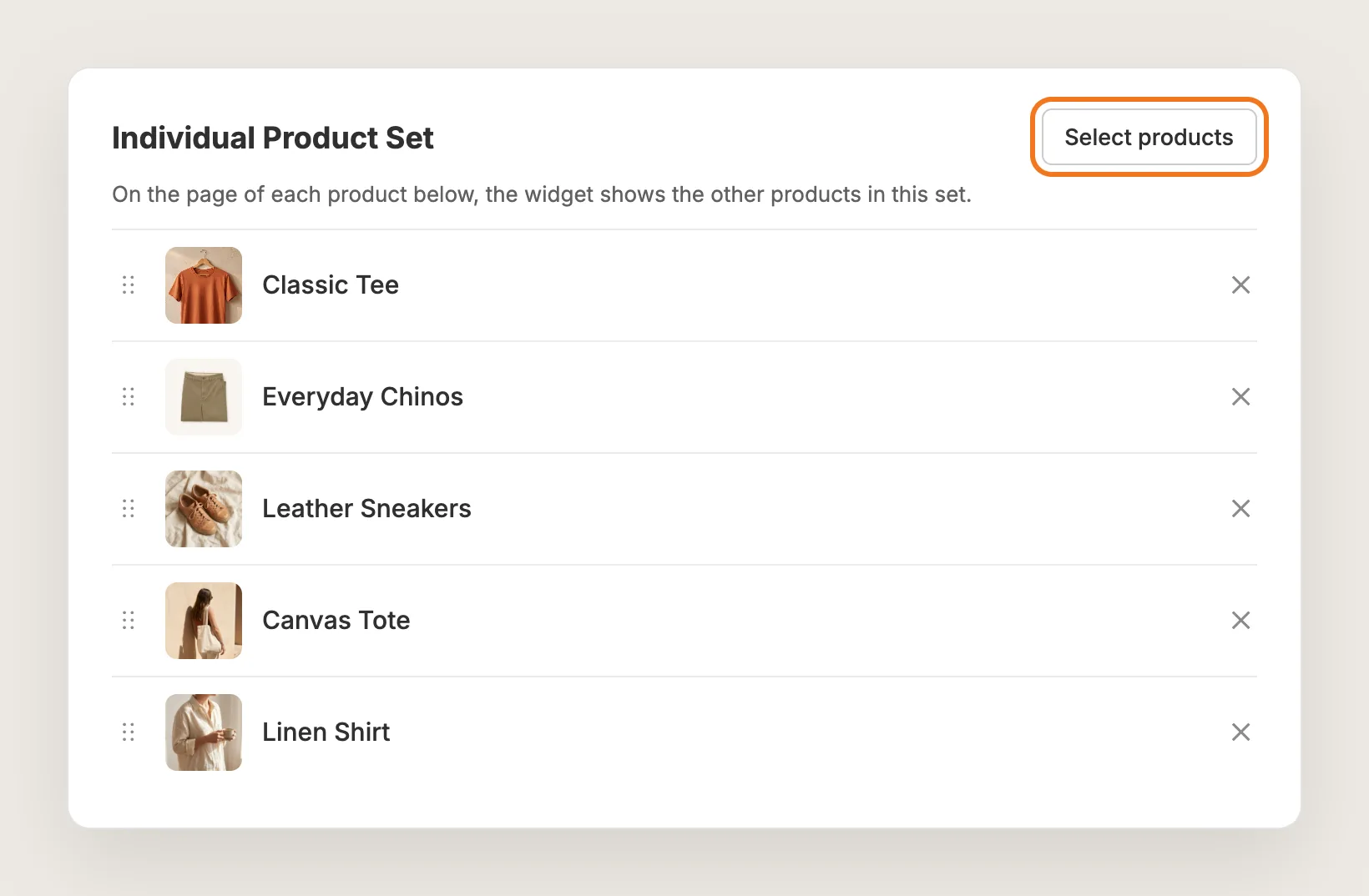 Individual Product Set with the Classic Tee, Everyday Chinos, Leather Sneakers, Canvas Tote and Linen Shirt, and the Select products button highlighted
