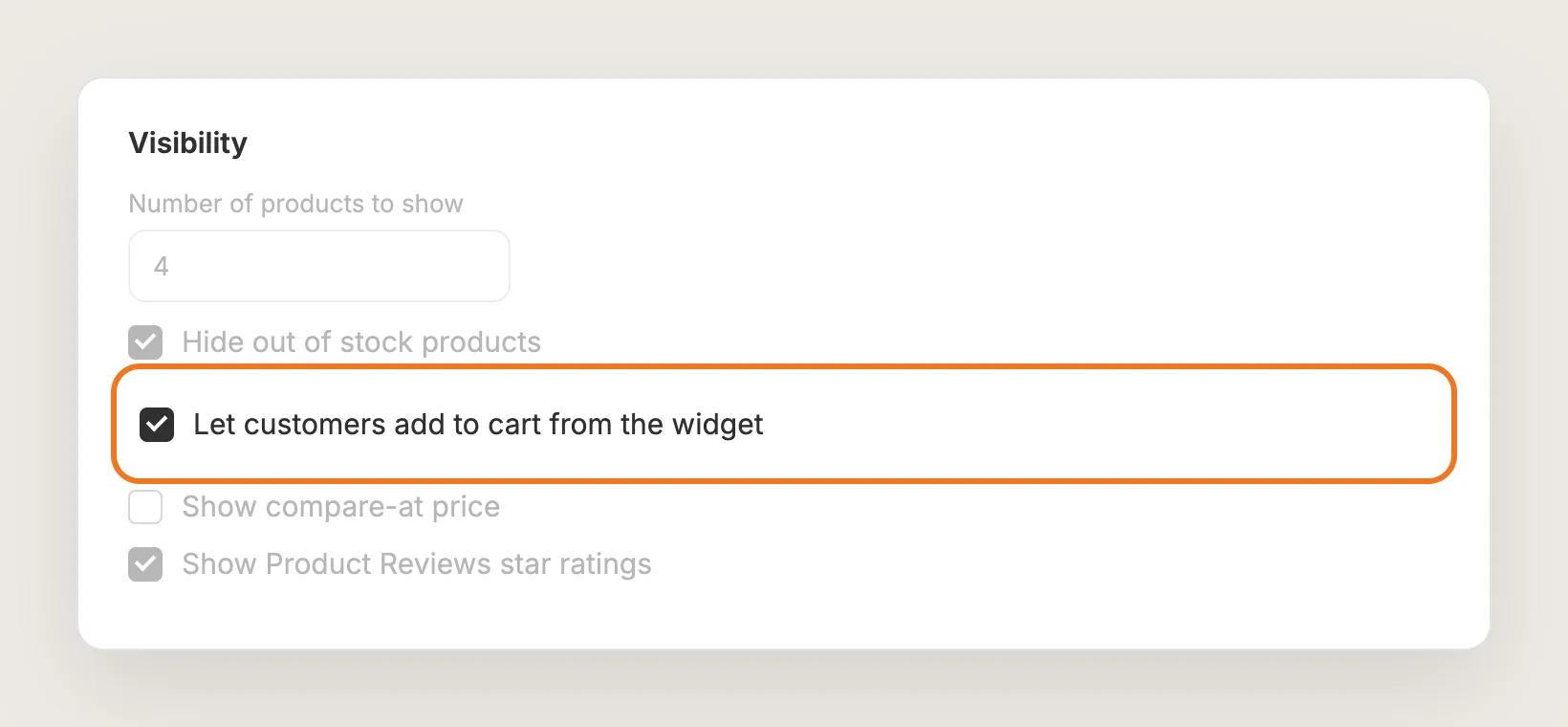 Visibility card with Let customers add to cart from the widget ticked