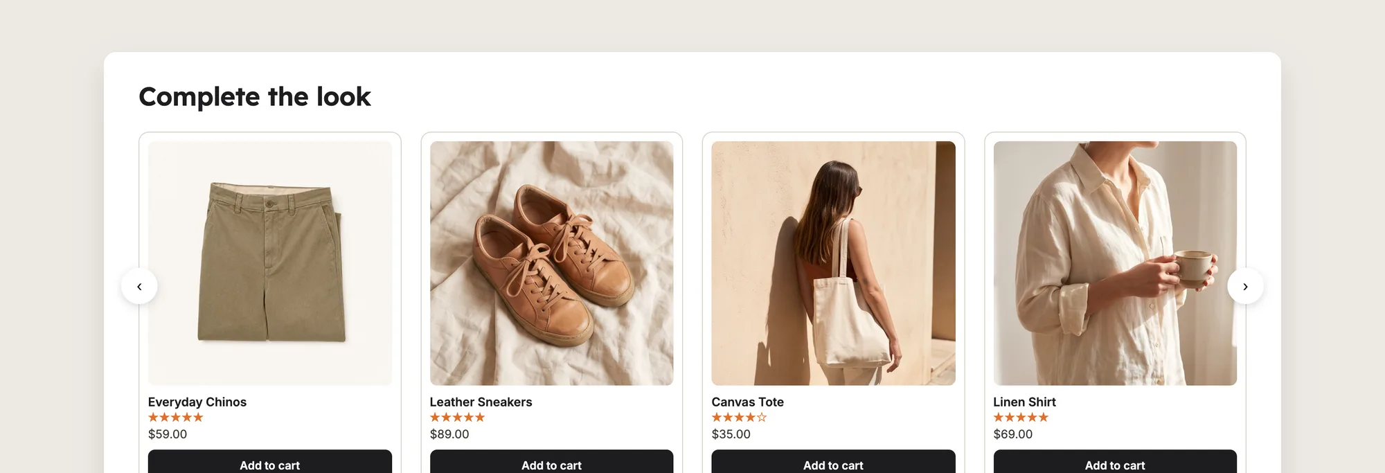 Close-up of a Complete the look carousel with chinos, sneakers, a tote and a linen shirt, each with an Add to cart button