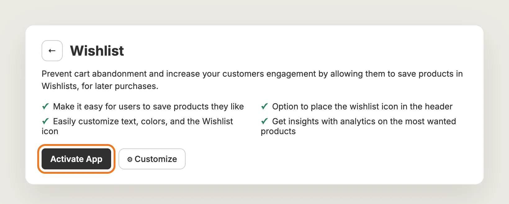 Vitals Wishlist app page with the Activate App button highlighted next to Customize