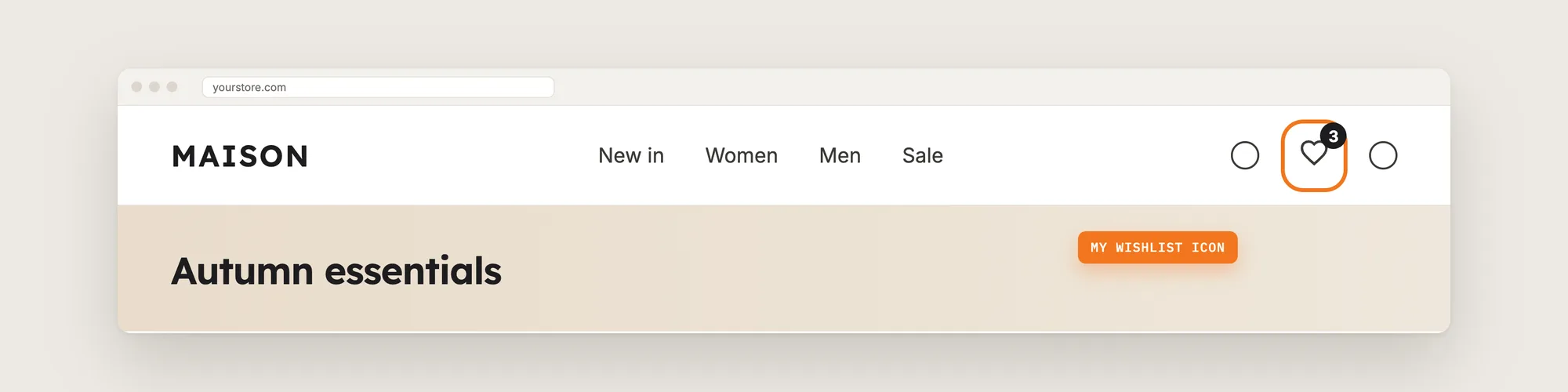A store header with the wishlist heart icon next to the cart, showing a count of 3 saved products