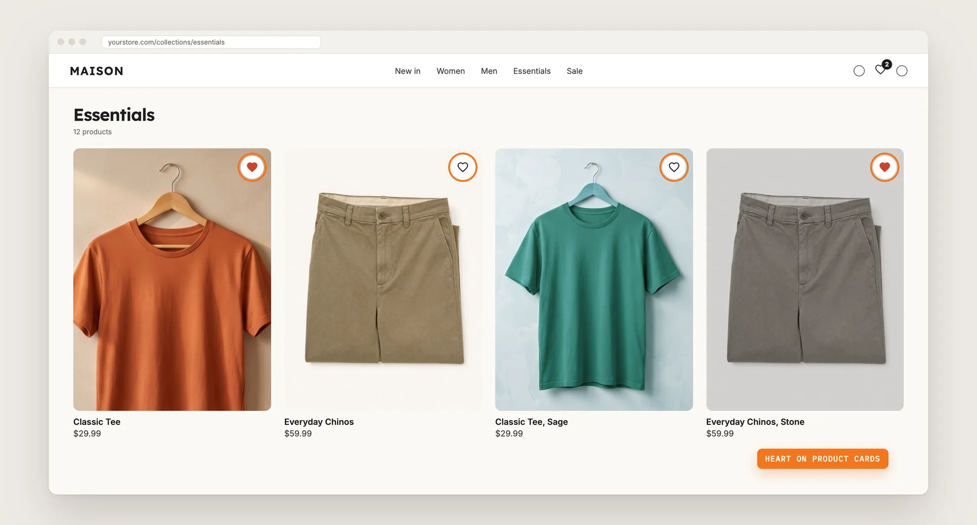 A Shopify collection page with a heart on every product card, two of the hearts filled