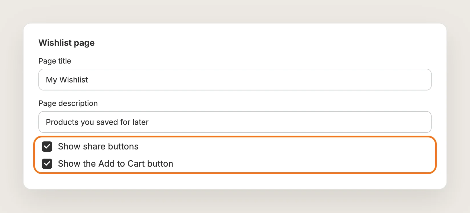 Vitals Wishlist page card with Page title, Page description, and the Show share buttons and Show the Add to Cart button settings highlighted