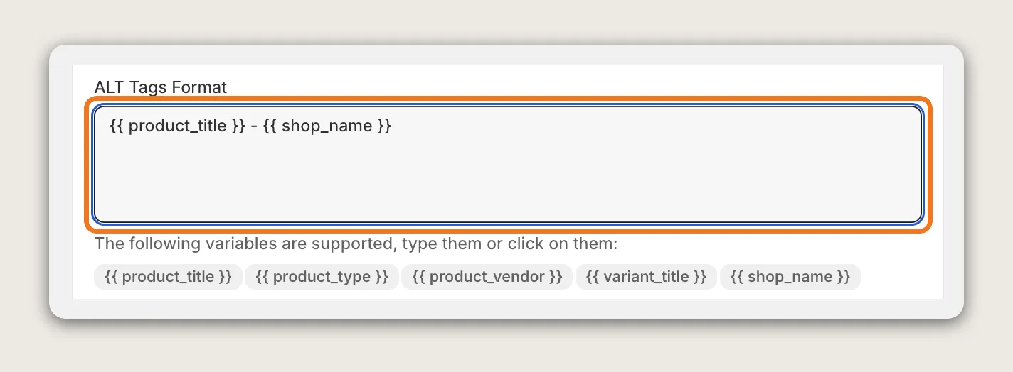 SEO ALT Tags Format card with the ALT Tags Format field highlighted, showing the default format and the five variable chips below it