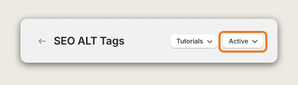 SEO ALT Tags page header with the Active status menu highlighted next to Tutorials