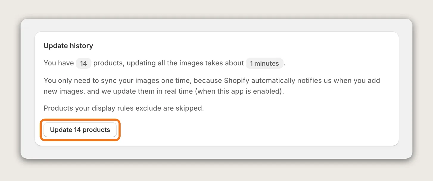 SEO ALT Tags Update history card with 14 products, about 1 minute, and the Update 14 products button highlighted