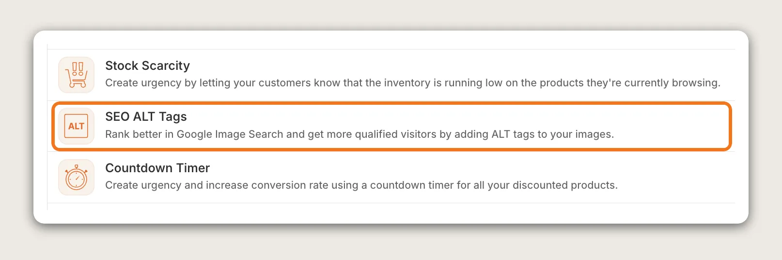 Vitals apps list with the SEO ALT Tags row highlighted between Stock Scarcity and Countdown Timer