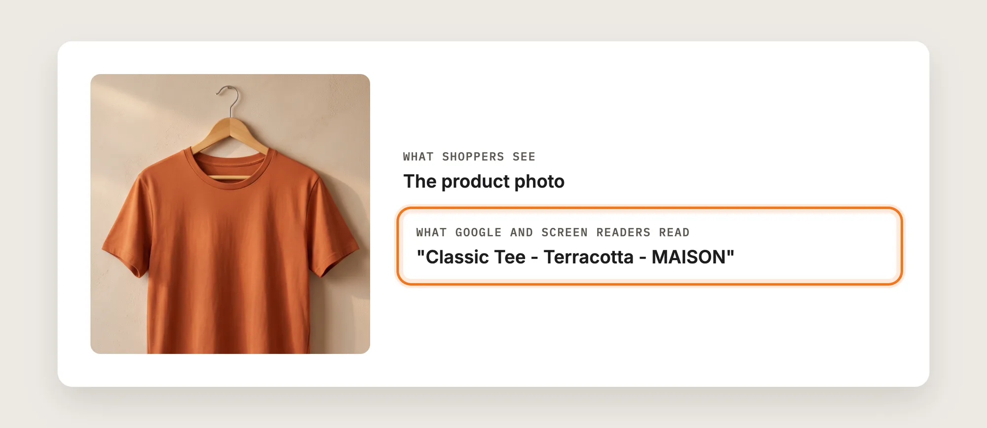 A product photo next to its alt text, "Classic Tee - Terracotta - MAISON", which Google and screen readers read