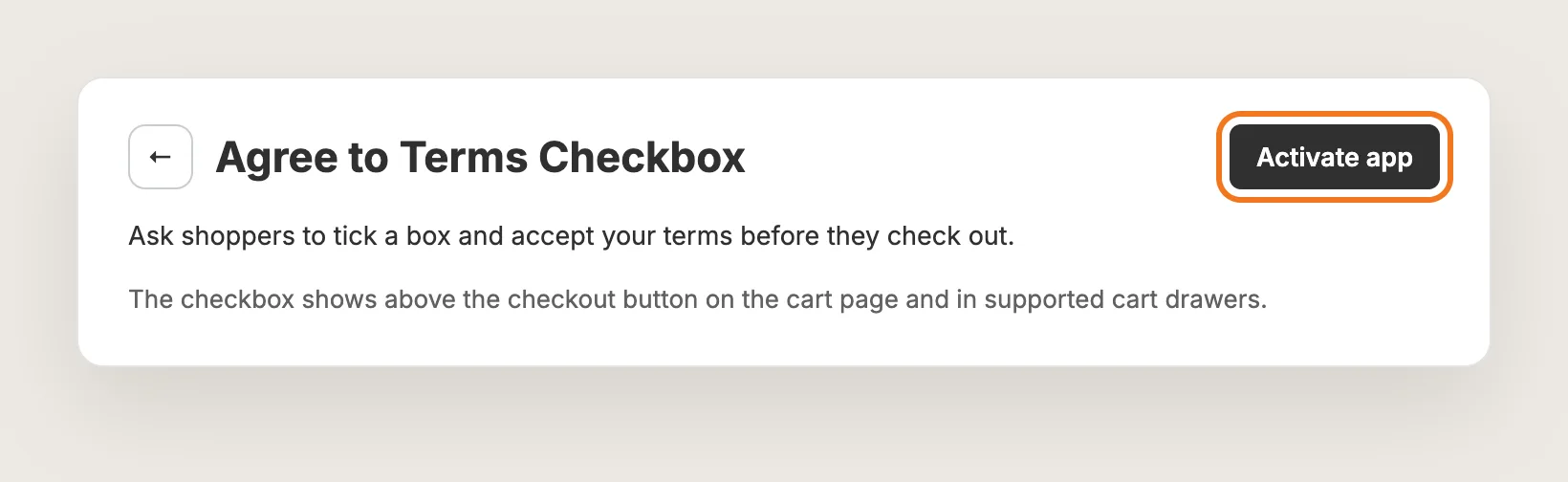 Vitals Agree to Terms Checkbox app page with the Activate app button highlighted