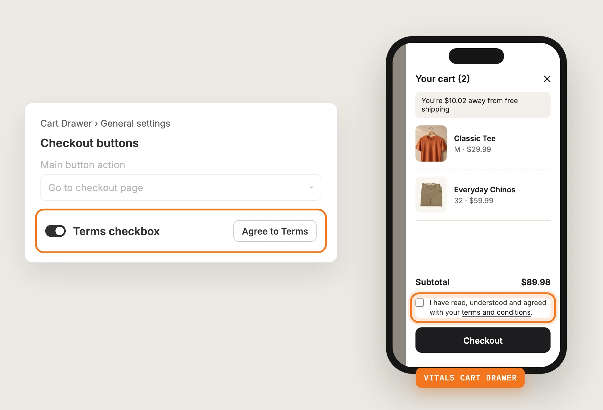 Cart Drawer Checkout buttons settings with Terms checkbox turned on, next to a phone with the checkbox above the drawer's checkout button