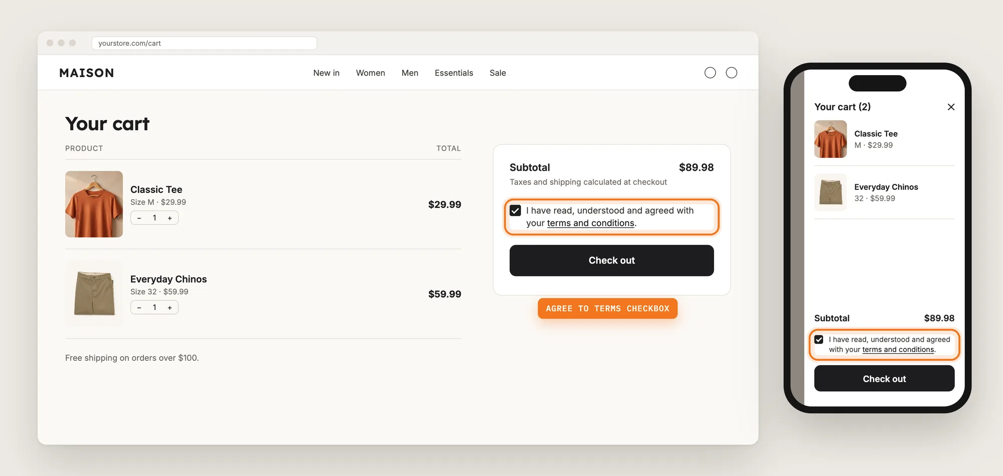 A Shopify cart page on desktop and a cart drawer on mobile with the agree to terms checkbox highlighted above the checkout button