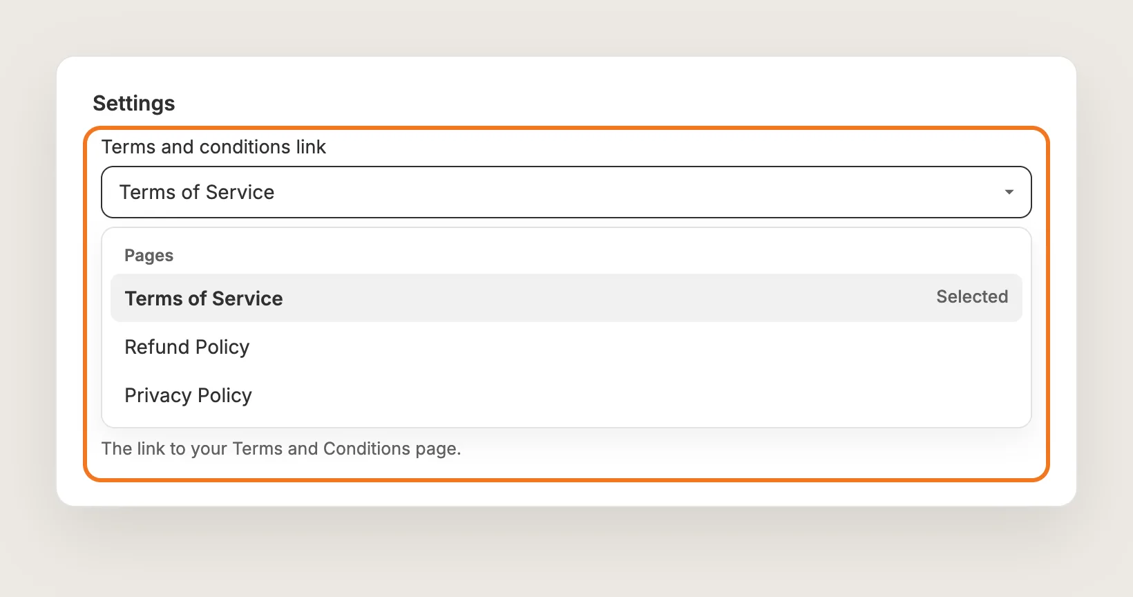 Terms and conditions link field with the page picker open and Terms of Service selected